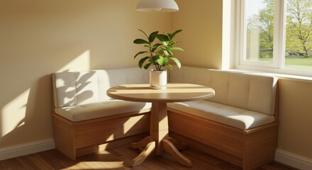 Serene Breakfast Nook with Natural Light and Greenery, Cozy and Inviting