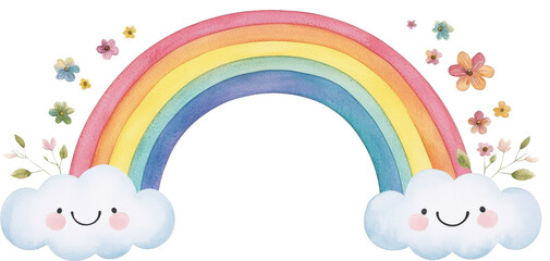 A Colorful Rainbow and Smiling Clouds
