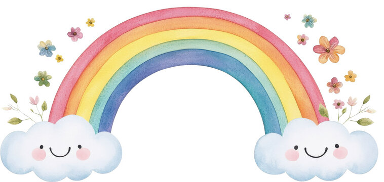 A Colorful Rainbow and Smiling Clouds