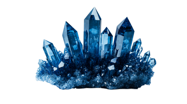 Sharp blue crystal cluster mineral formation , cut out transparent