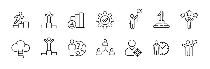 Obraz premium Business and leadership icon set – outline style management, teamwork, and success symbols for professional growth: leader, target, checklist, growth, ranking, achievement, stars