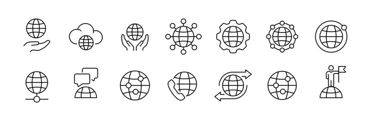 Global connectivity icon set – outlined communication and networking symbols for digital interaction and data exchange: globe, cloud, network, gear, chat, phone, arrows, flag