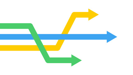 Three arrows in green, yellow, and blue take different trajectories but move in the same direction, symbolizing competition and diverse strategies