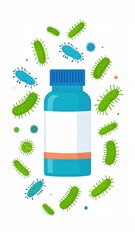 A medicine bottle surrounded by illustrated bacteria, symbolizing antibiotics and bacterial infection treatment.