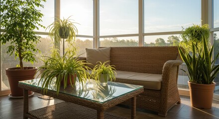 Obraz premium Interior sunroom bathed in sunlight, featuring potted plants and a rattan sofa