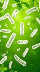 Transparent bacteria or microbes floating against a fresh green background with leaves, symbolizing nature and microbiology.
