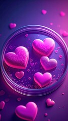 Pink heart shapes in a petri dish on a purple background, creating a vibrant, romantic, and scientific fusion.