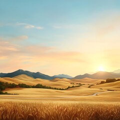 Obraz premium Golden Wheat Field at Sunset Serene Landscape with Rolling Hills and a Winding Road