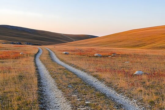 Scenic Dirt Road Winding Through Golden Autumn Hills at Sunset A tranquil landscape