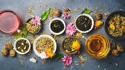Tea background. A collection of various teas. Free copy space, flat lay.