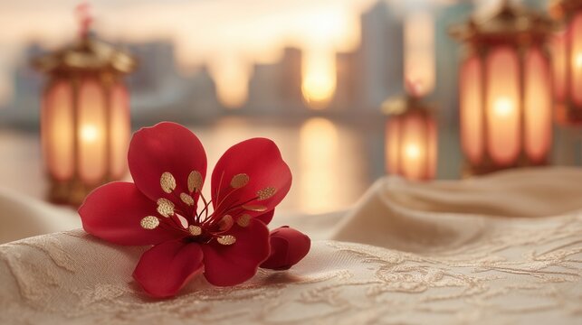 Close-up of a red bauhinia brooch on silk, golden light on petals, festive city backdrop - celebrating Hong Kong's establishment day with elegance.