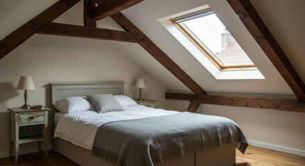 Tranquil attic bedroom with exposed beams and natural light from a skylight