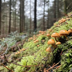 Cluster of Orange Mushrooms Growing on Moss in a Forest Autumnal Woodland Fungi