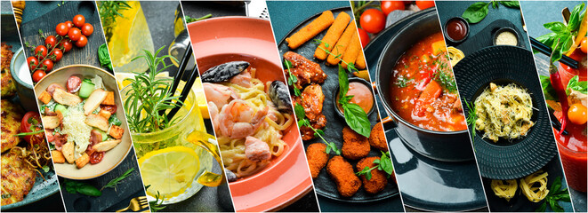 Food and Drink: Cocktails, seafood pasta, salads and appetizers. on a dark stone background. Photo collage, banner from photos.