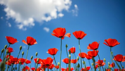 Obraz premium Vibrant red poppies bloom under a cloudless blue sky, rural, beautiful