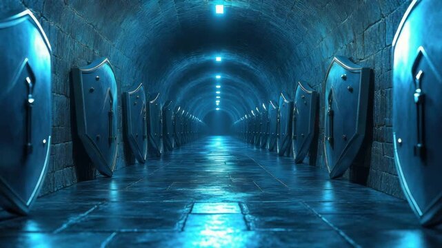Medieval stone corridor tunnel with blue lighting and rows of metal shields mounted on walls creating mysterious and dramatic atmosphere