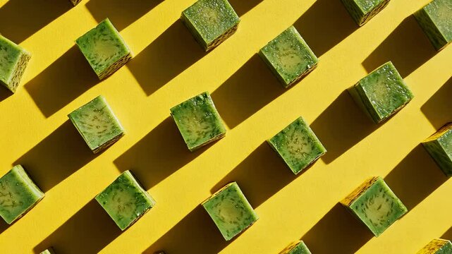 Avocado cubes arranged in a pattern on yellow background with hard shadows.
