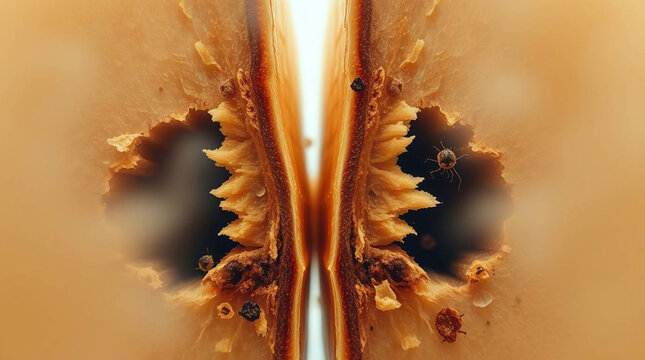 Extreme macro close-up showcasing distinct split sections with bold areas and small subject details, in low visibility and thick fog, creating a bright, dynamic background