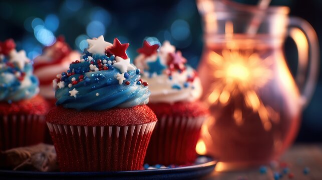 Sparkling red, white, and blue cupcakes with star sprinkles, fireworks reflected in lemonade - festive Independence Day celebration