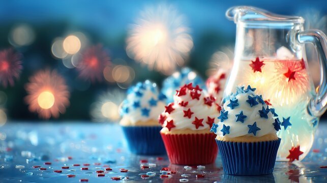 Sparkling red, white, and blue cupcakes with star sprinkles, fireworks reflected in lemonade - festive Independence Day celebration