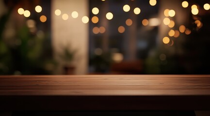 Empty wooden table in front of a blurred night cafe scene  Bokeh lights and plants create a warm ambiance