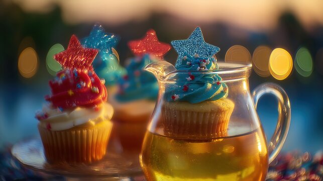 Sparkling red, white, and blue cupcakes with star sprinkles, fireworks reflected in lemonade - festive Independence Day celebration
