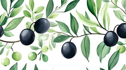 Watercolor olive branch pattern, mediterranean feel, fresh, vibrant, simple
