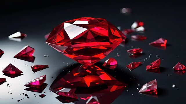 Close-up of a dazzling red ruby diamond, surrounded by scattered fragments reflecting light on a black surface, showcasing brilliance and luxury.

