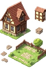 Isometric Pixel Art Cottage with Garden and Fence