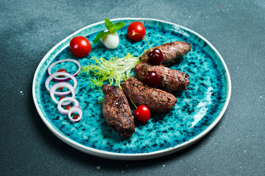 Lyula kebab made of veal. Barbecue menu. Azerbaijani cuisine. Top view.