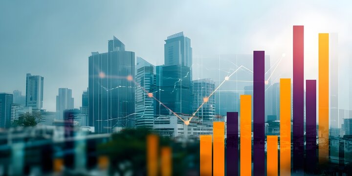 Urban Skyline Showing Business Growth and Financial Success with Rising Bar Charts