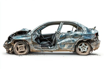 Crushed Car. Isolated Wrecked Automobile with Broken Parts and Crumbled Metal