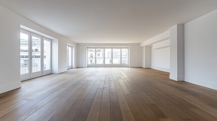 Minimalist living room with white walls and wooden floor, embodying tranquility and simplicity.