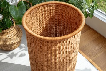 Cylindrical wicker basket, light brown color,  tall,  decorative storage  Inside view,  natural light,  plant pots background