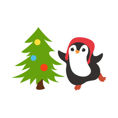Christmas Penguin Dancing Near Tree.