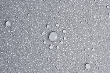 Textured gray background with clear water drops, background for design or text. Top view. Free space.