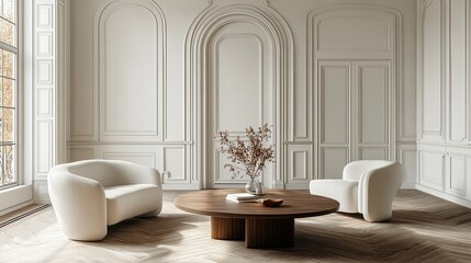 Minimalist living room with white walls and wooden floor, embodying tranquility and simplicity.