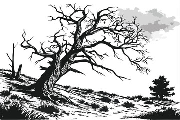 82 Black and white photography, twisted dead tree, gnarled branches, barren landscape, dramatic sky, pine needles, weathered wood, stark contrast, rugged terrain, desolate beauty, high-resolution deta