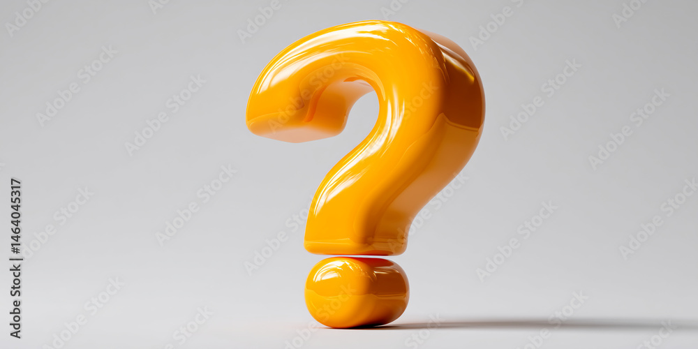 Poster Glossy orange question mark, 3D render, isolated on white background, symbolizing inquiry, uncertainty, or query, perfect for FAQ pages or problem-solving concepts