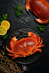 Seafood dish, Boiled Serrated mud crab. Top view. Creative photo. Free space for text.