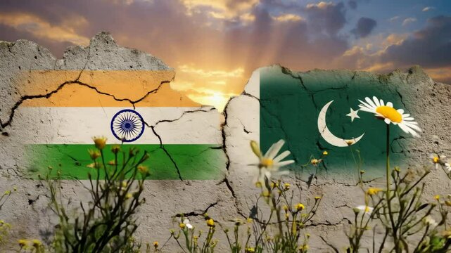 Flags of India and Pakistan painted on a cracked wall at sunset, symbolizing tension, division, or diplomatic relations between the two nations