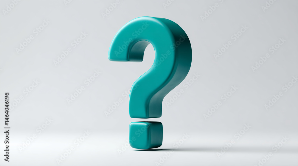 Poster teal 3d question mark on white background, symbolizing inquiry, doubt, or uncertainty, ideal for faq