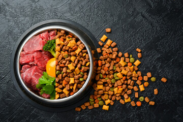 Photo collage. Bowl with food for dogs or cats. A set of dry fodder and fresh meat. Concept of healthy food for animals.