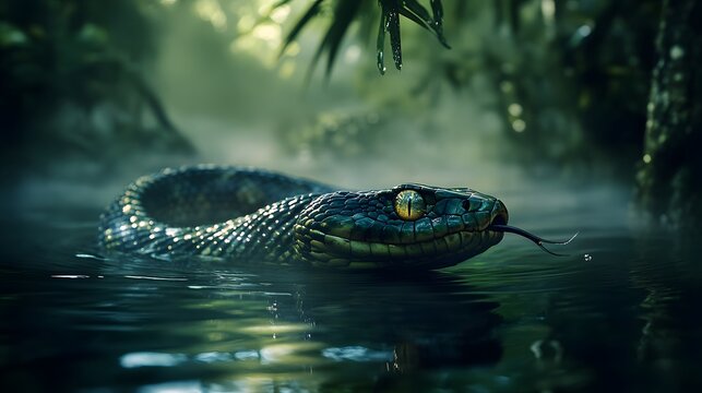 A large, dark snake coils in a misty, swampy environment.