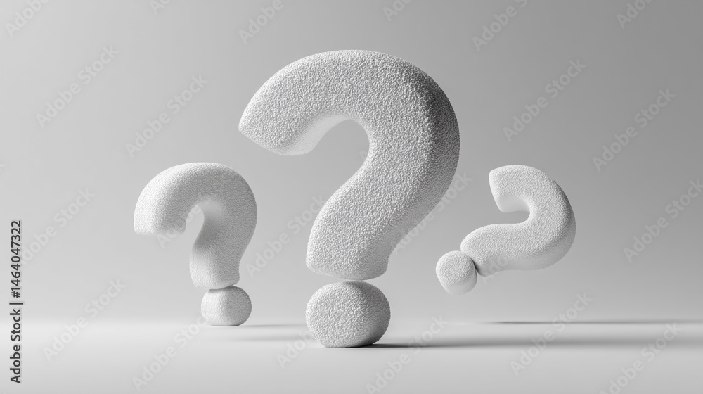 Poster three textured white question marks, varying in size, rest on a minimalist white background, symboli