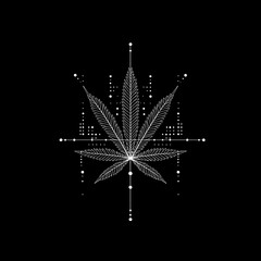 Artistic white cannabis leaf design with geometric elements on a black photo background
