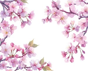 Fototapeta premium Delicate pink cherry blossoms frame a white background