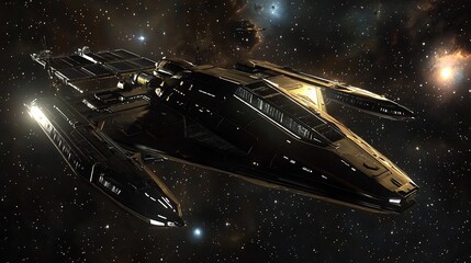 Gleaming futuristic spacecraft docking a space station stars swirling in the background cinematic space odyssey