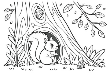 83 Black and white illustration, cute squirrel, tree hollow, detailed tree bark, acorns, grass, twigs, woodland scene, children's book style, line art, whimsical, cozy, nature, forest habitat, simple 