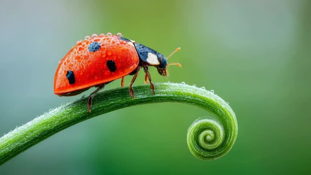 Ladybug is on a leaf with a spiral shape. The ladybug is red and black with spots